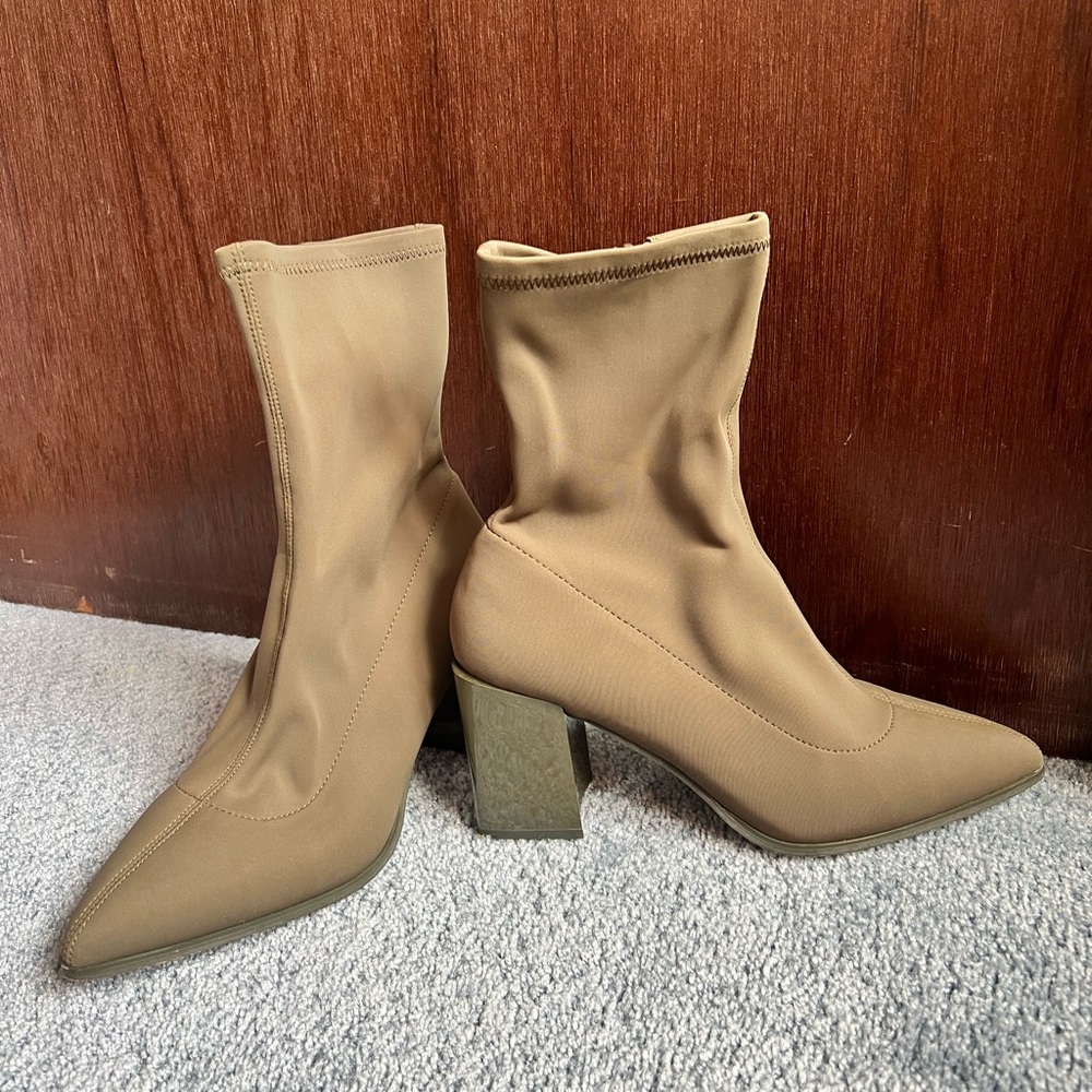 Women's Tan Sock Booties with Block Heel
